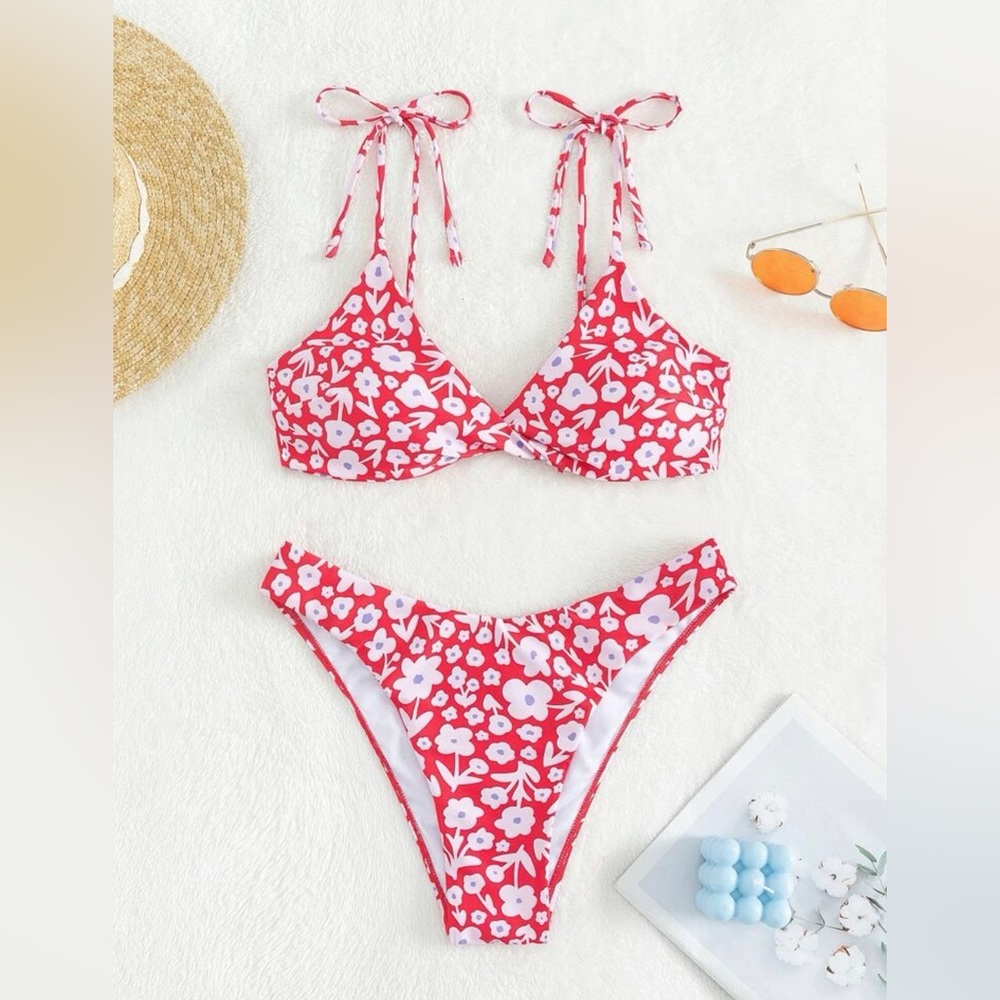 Floral Print Tie Shoulder Bikini Swimsuit